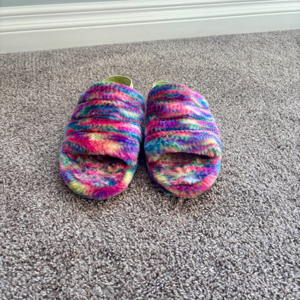 UGG Fluff Yeah Pixelate Slide Slipper Tie Dye Rainbow Slingback Womens Size 5 US - Picture 2 of 6